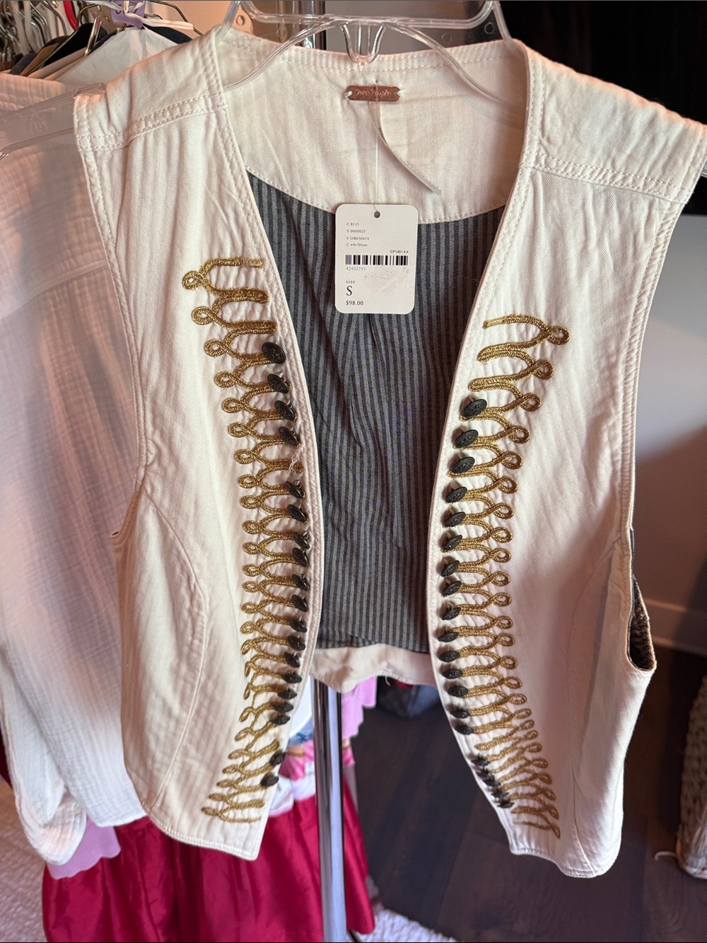 Free People White Military-Style Embroidered Vest with Gold Trim